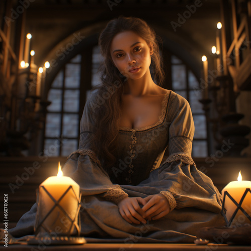 Tavern girl, girl waitress serving staff in medieval times, authentic setting design architecture, middle ages culture, portrait dim lights, bar, candles. photo