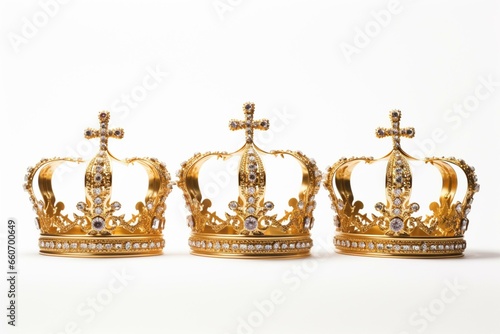 A white background featuring three crowns in golden color. Generative AI
