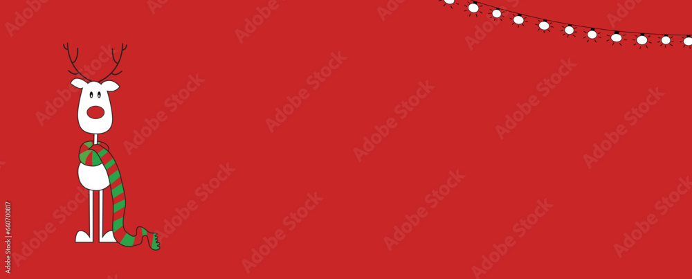 Cute Christmas reindeer on a red background. Christmas background, banner, or card. - obrazy, fototapety, plakaty 