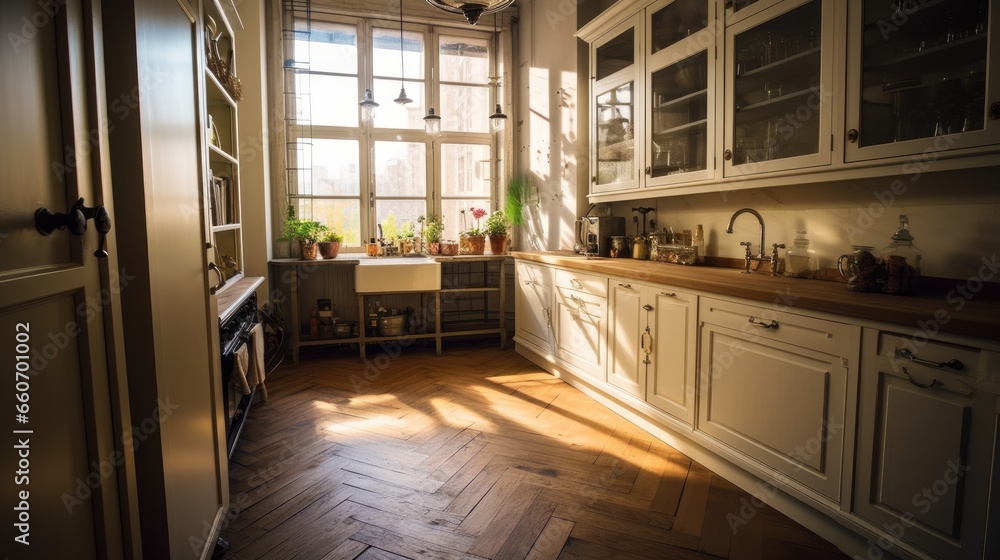 Naklejka premium Interior of Kitchen, Sink, Cupboard and Old Wooden Floor in Elegant Luxury apartment
