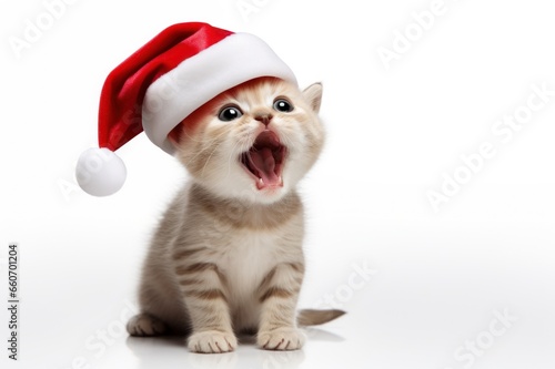 Sweet ginger kitten in Santa Claus Christmas hat meows loudly. On white background with copy space. Christmas postcard with cat pet. Merry Christmas. Happy New Year. Banner, advertisement, poster.