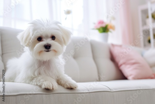 Adorable purebred white Maltese dog sitting on white couch in modern and stylish light interior. Close up. Copy space. Pedigree dog. Cute puppy. Beautiful interior. Banner, advertisement, poster.