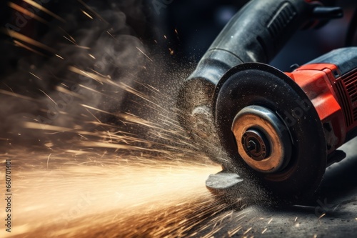 Close-up of angle grinder in grunge style scene, sparks flying as it works. With copy space. Perfect for banners, posters, advertisement brochures, business cards, design projects. photo