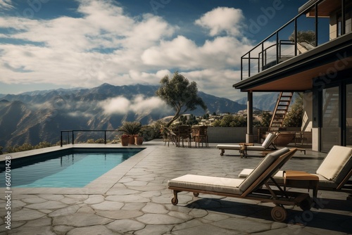 A house with a pool, overlooking a mountain, under a cloudy sky, with a lounge chair by the pool. Generative AI © Briseis