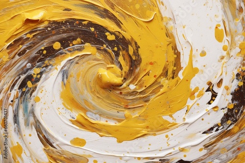 A painted swirl with yellow and white colors on an abstract background of white, yellow, and gold. Generative AI