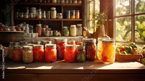 Fototapeta Naklejka Na Ścianę i Meble -  farmhouse kitchen filled with numerous glass jars with preserved vegetables and fruits, on table and shelves. Harvest preparation and storage for winter. Homemade organic eco food. Food preservation.