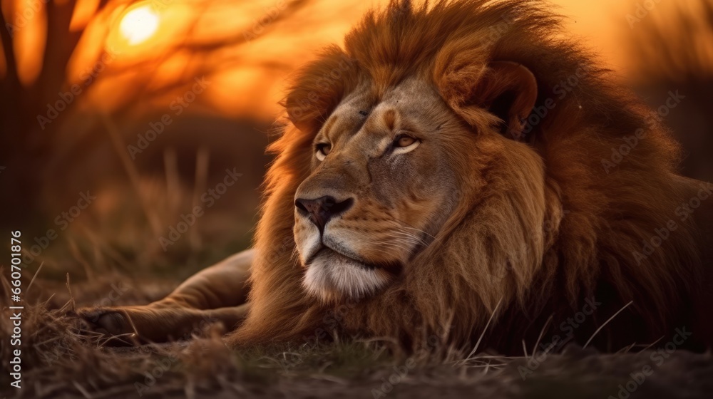 lion lying on the ground and looking to the side, against the background of the rising sun