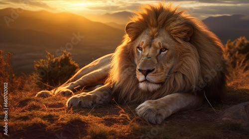 Lion lying on the plain with the Sun setting over the Mountain