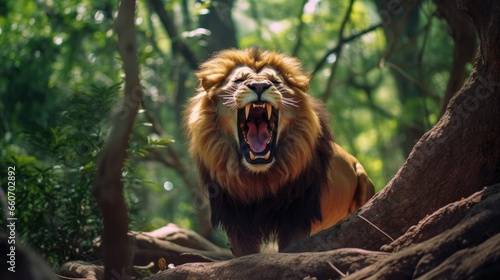 Lion roaring in the middle of the forest with trees in the background