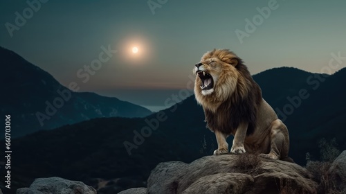 Lion roaring on top of mountain with full moon background