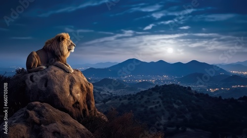 Lion roaring on top of mountain with full moon background photo