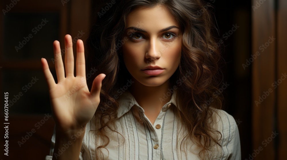 A woman holding up her hand in a stop or no gesture. Generative AI. A woman holding up her hand in a stop or no gesture. Generative AI.