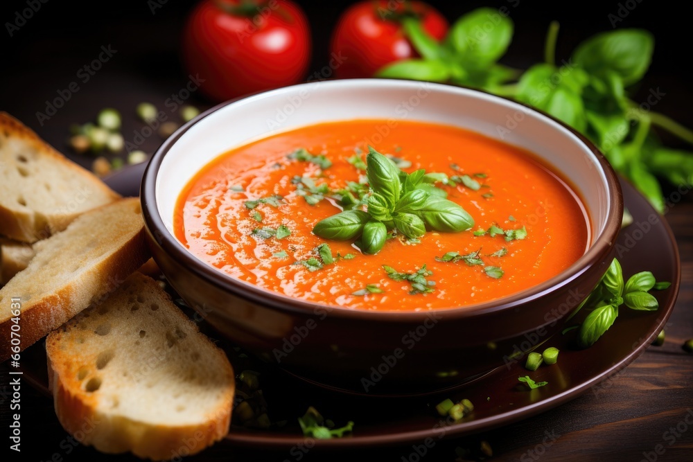 Gazpacho soup with chopped basil and bread in a black plate in a restaurant Gazpacho soup with chopped basil and bread in a black plate in a restaurant