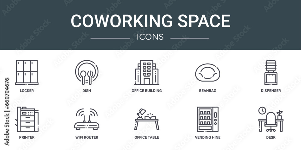 Vecteur Stock set of 10 outline web coworking space icons such as ...