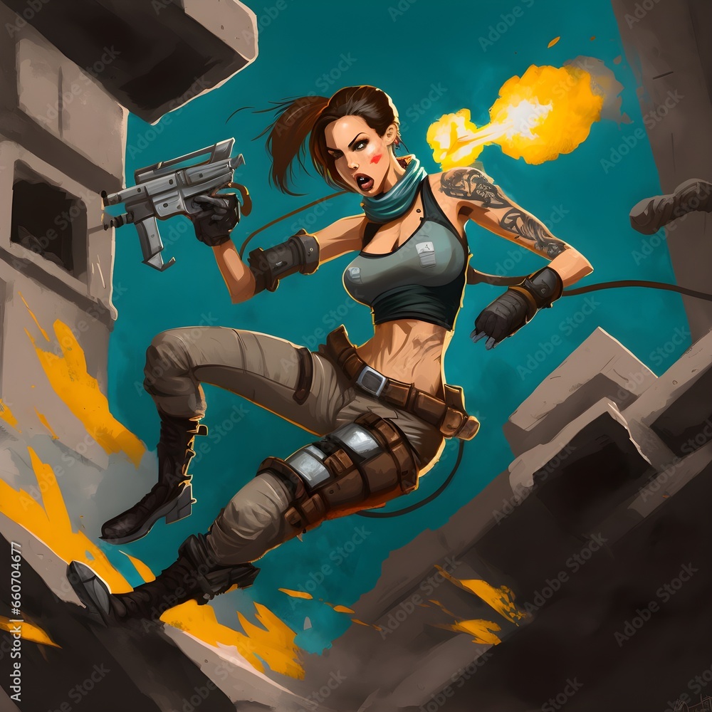 character concept lara croft femme fatale cybernetic implants taking on the world epic comic book art action scene depiction dynamic coloring 2d model drawing very high quality cinematic quality  - obrazy, fototapety, plakaty 