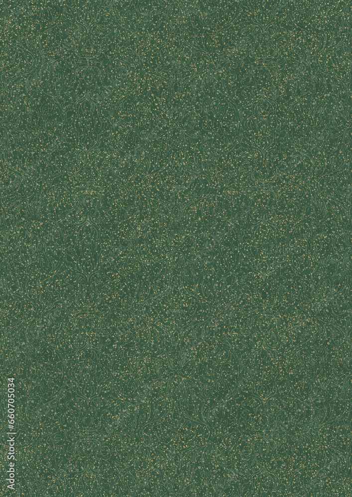 Fototapeta premium Hand-drawn unique abstract seamless ornament. Light green on a darker warm green background, with splatters of golden glitter. Paper texture. Digital artwork, A4. (pattern: p11-2e)