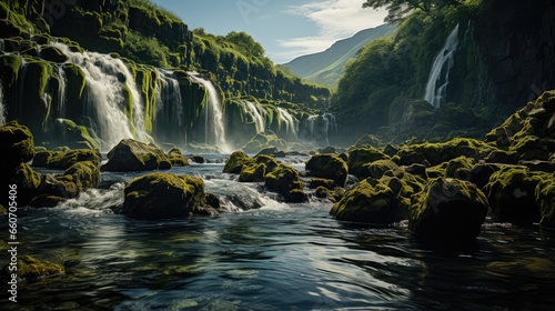 Majestic waterfall in iceland national park forest photo