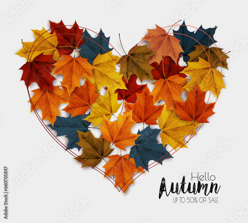 Autumn colorful forest leaves in the shape of a heart. Sale Frame. Vector illustration.