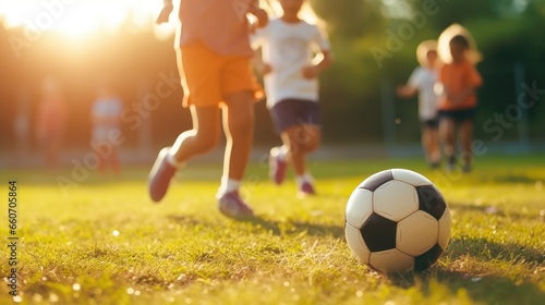 close-up of children playing soccer. unrecognizable people. copy space