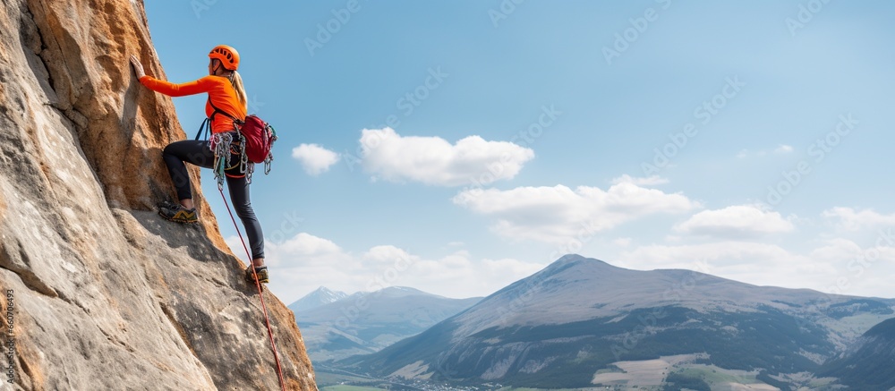 young woman with a rope engaged in the sports of rock climbing on the rock. - obrazy, fototapety, plakaty 