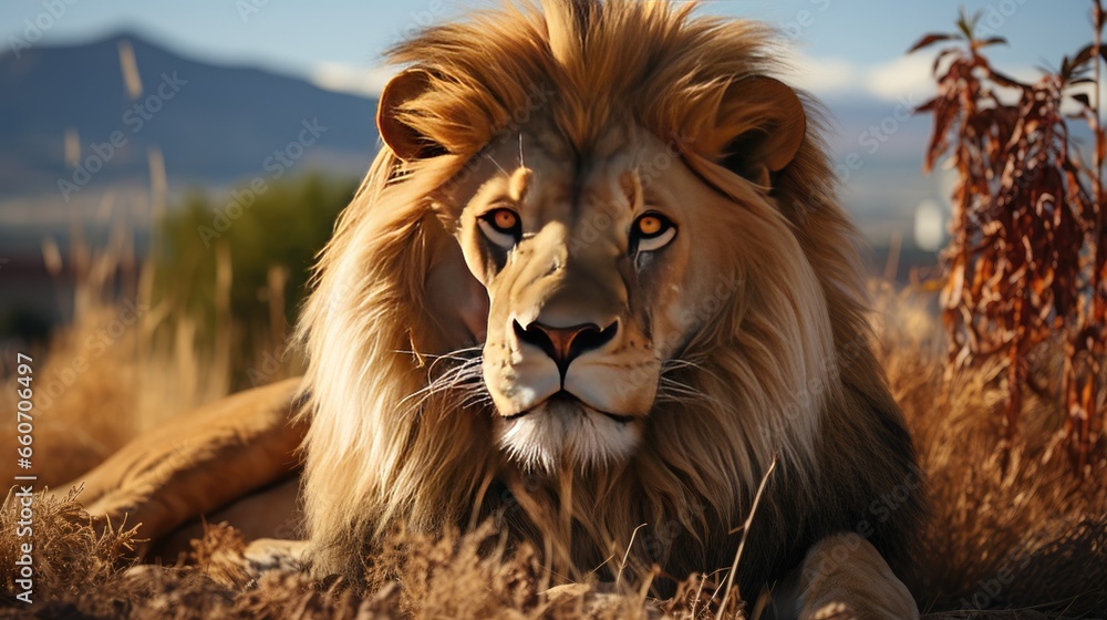 Male lion in the grass. with a mountain background