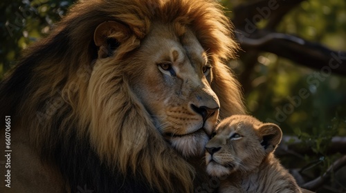 male lion is lovingly embraced by his cub