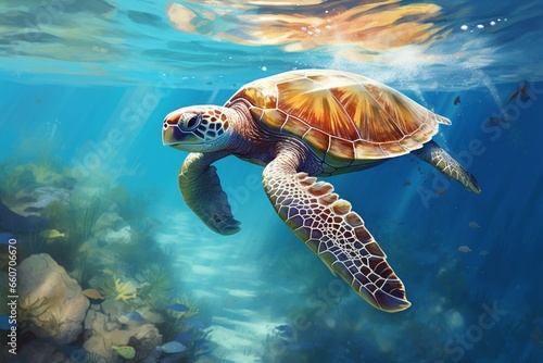 Large turtle swimming in warm ocean waters. Generative AI