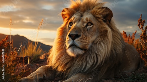 Male lion on the hill. against a sunset background © MBRAMO