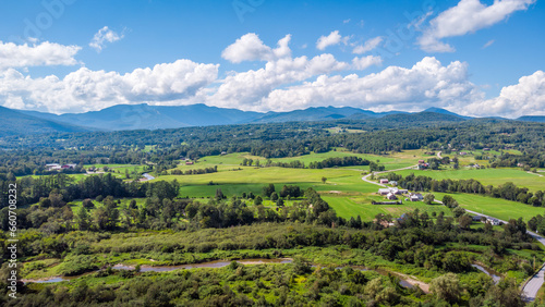 Obraz na płótnie Aerial view of Stowe, farms, fields and Mount Mansfield, the Green Mountains, Vermont, New England, United States