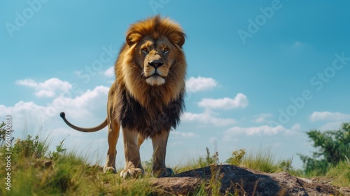 male lion standing on a hill. with a clear sky background