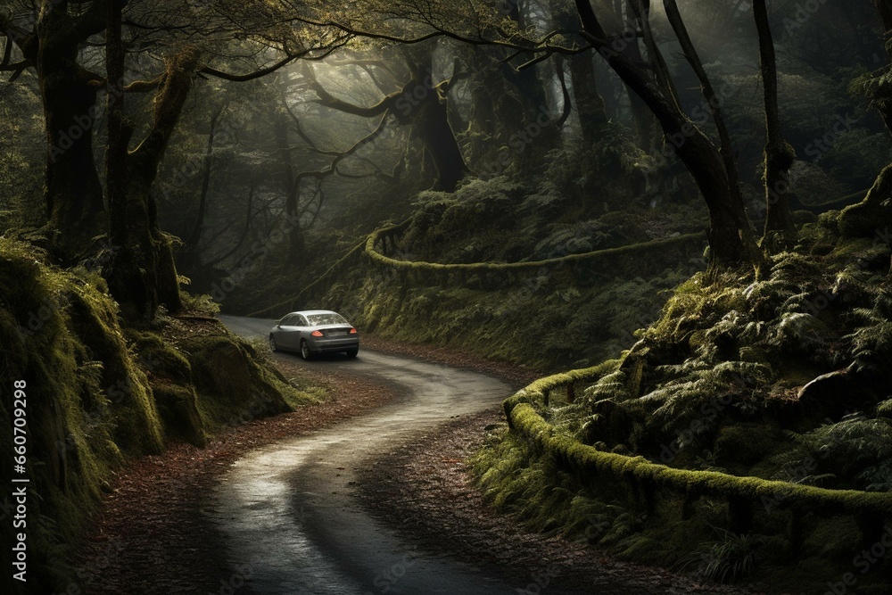 Vehicle maneuvering along a winding path amidst a woodland on a mountain. Generative AI - obrazy, fototapety, plakaty 