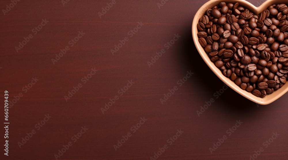 Fototapeta premium Top view of coffee grains in a heart shaped bowl on a brown background with space for text