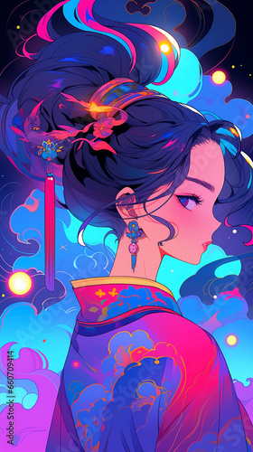 Hand drawn cartoon beautiful oriental girl illustration 