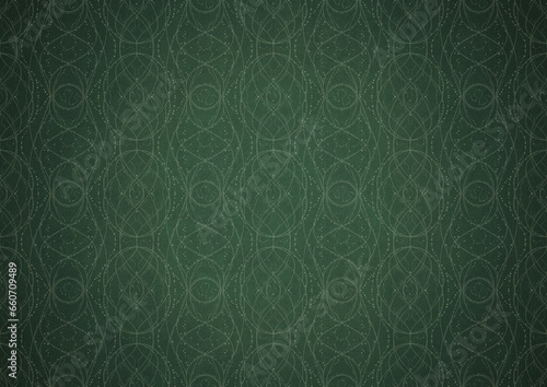 Hand-drawn unique abstract symmetrical seamless ornament. Bright green on a deep warm green with vignette of a darker background color. Paper texture. Digital artwork, A4. (pattern: p10-2c)