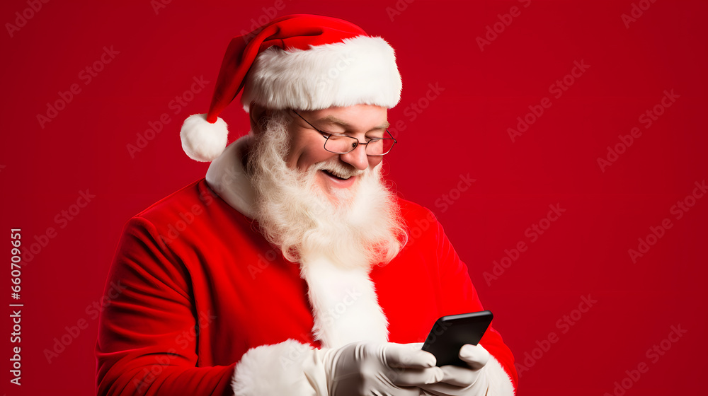 santa claus smiling with mobile phone on red background
