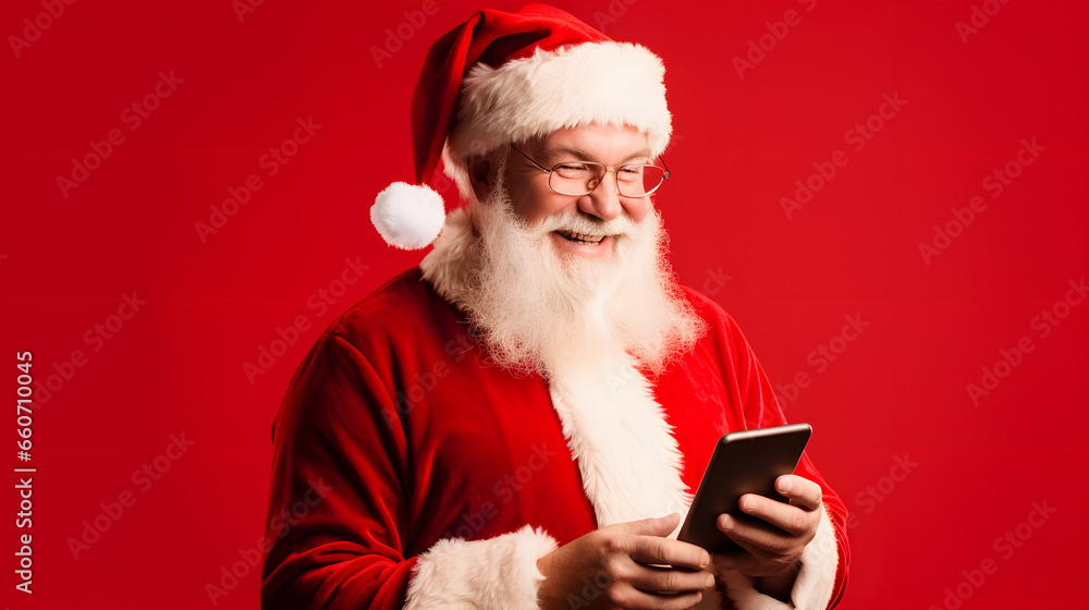 Naklejka premium santa claus smiling with mobile phone on red background