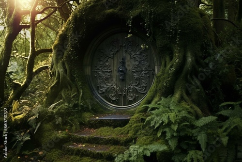 Enigmatic door hidden within a forest home to magical creatures and ancient woodland spirits. Generative AI