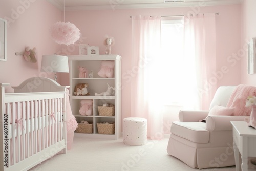 Adorable nursery in a lovely shade of pink. Generative AI