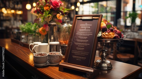 menu board on mable top table with blurred of coffee shop background photo