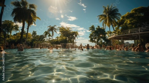men and women at a swimming pool during a vacation on a tropical island