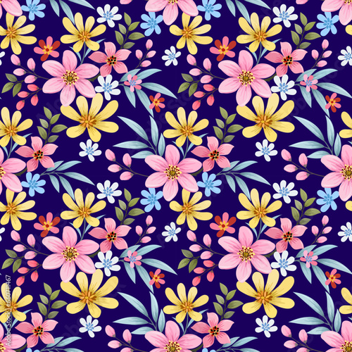 blooming colorful flowers and leaf on purple color background seamless pattern. Can be used for fabric textile wallpaper.