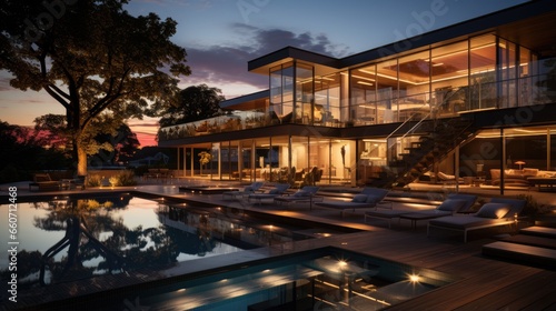 Modern architecture with a pool, concrete and glass facade at sunset © MBRAMO