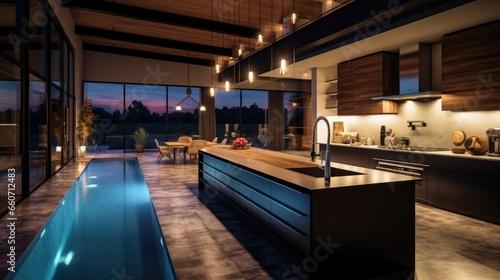 Modern dark kitchen with pool views