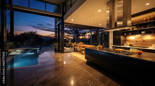 Modern dark kitchen with pool views
