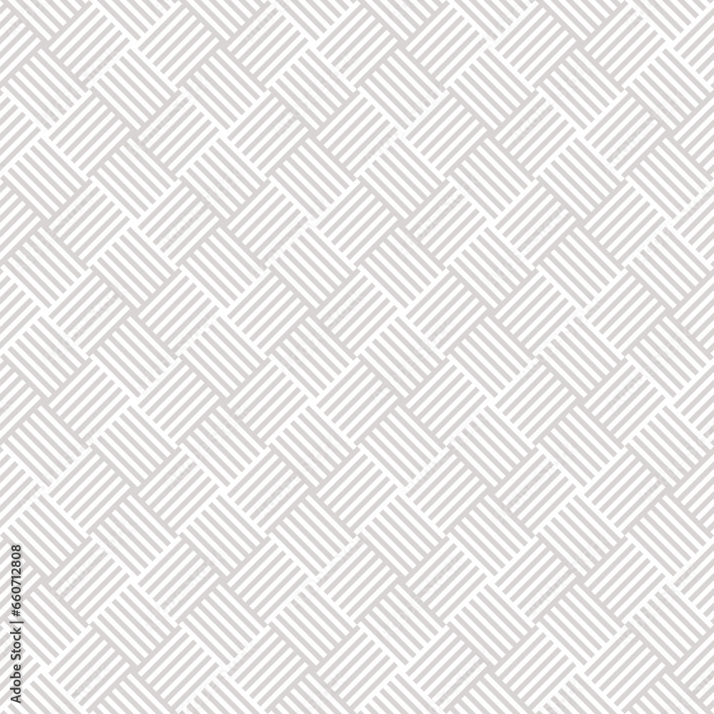 Wicker surface texture. Vector geometric seamless pattern. Subtle vector ornament with stripes, squares, quirky lines. Abstract beige and white graphic background. Minimalist repeat decorative design