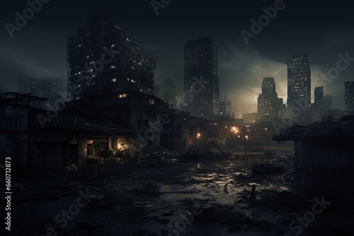 Dark, eerie cityscape with ethereal lighting; desolate, post-disaster ambiance; unique artwork. Generative AI