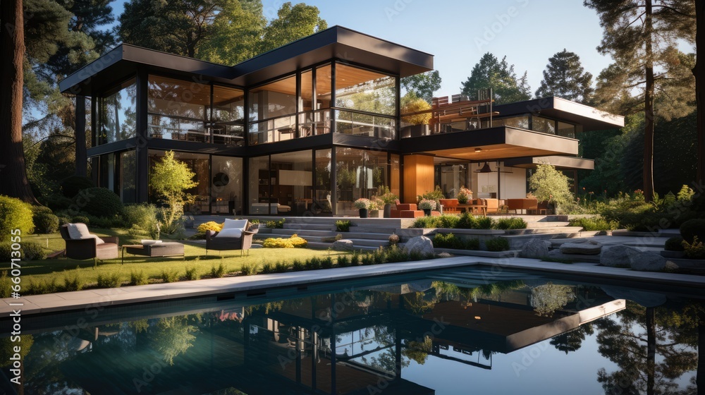 Modern house has a beautiful lawn in front of the house and swimming pool Modern house has a beautiful lawn in front of the house and swimming pool