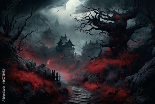 Eerie village in a wooded mountain, with a creepy crimson tree, mist, and a fantasy witch. Generative AI