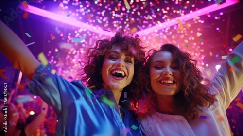 Charming women dancing on neon lights background.. Girls making selfie at party.