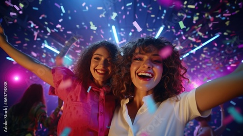 Charming women dancing on neon lights background.. Girls making selfie at party.